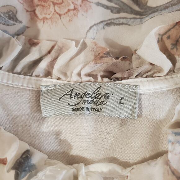 Angela Moda Silk Floral Ruffle Keyhole Bell Sleeve Blouse Top Size L Italy Made - Picture 8 of 12